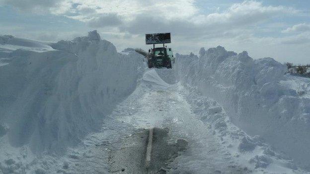 Tractor in the snow, Isle of Man 2013