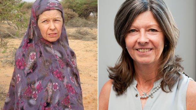 Judith Tebbutt in Somalia on the day of her release in March 2012 (l), and at New Broadcasting House in London in July 2013 (r)