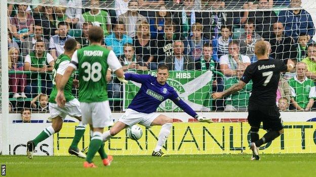 Magnus Eriksson scores for Malmo against Hibernian