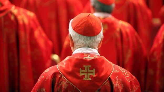 Cardinal dressed in red, photographed from behind