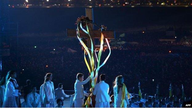 Young people re-enact the Stations of the Cross on Copacabana Beach, Rio (26 July)