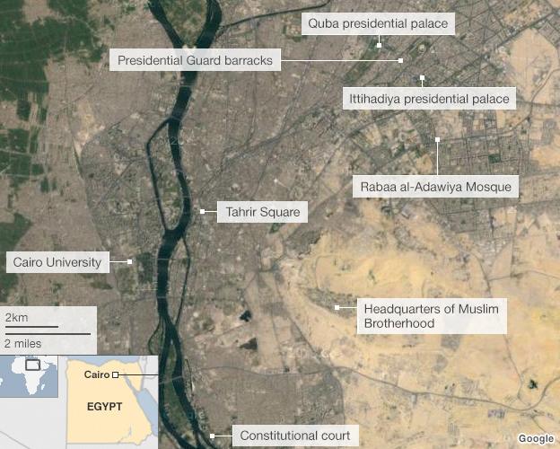 Map showing key protest locations in Cairo, 29 July 2013