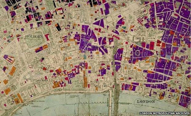 Bomb map of London - those areas shaded in purple indicate bomb-sites