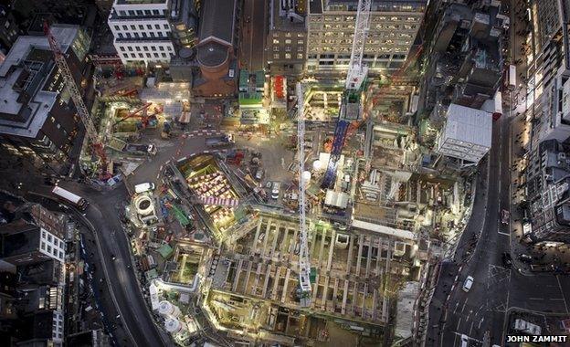 Aerial view of works at Goslett Yard in central London