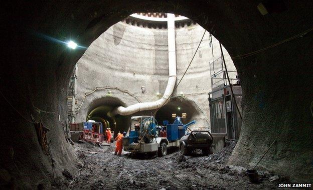 A shaft showing the cross-section of two tunnels