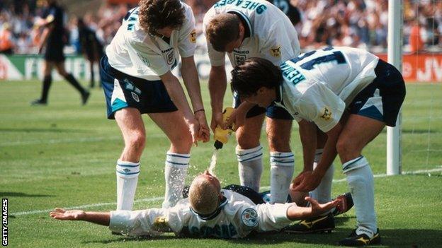 Paul Gascoigne's famous 'dentist's chair' celebration after scoring against Scotland in Euro 96.