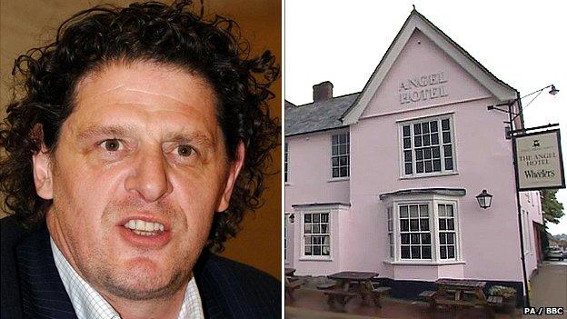 Marco Pierre White (left) and the Angel Hotel in Lavenham (right)