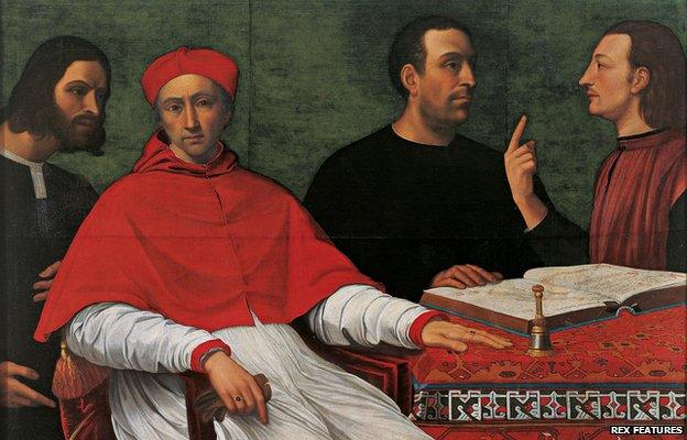 From left to right: Cesare Borgia, Cardinal Pedro Luis de Borgia, Niccolo Machiavelli and secretary Micheletto Corella