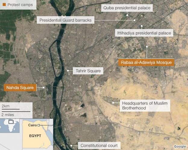 Map showing protest sites in Cairo
