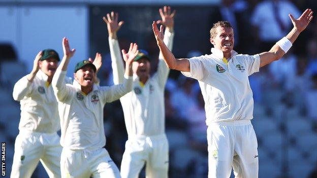 Peter Siddle appeals successfully for the wicket of Tim Bresnan