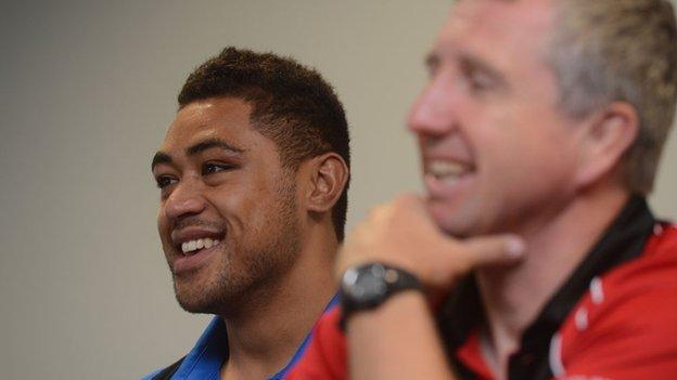 Lyn Jones and Toby Faletau share a joke