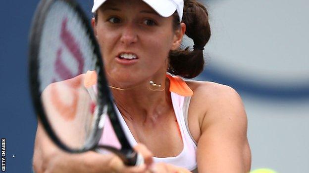 Laura Robson plays a backhand at the recent Southern California Open