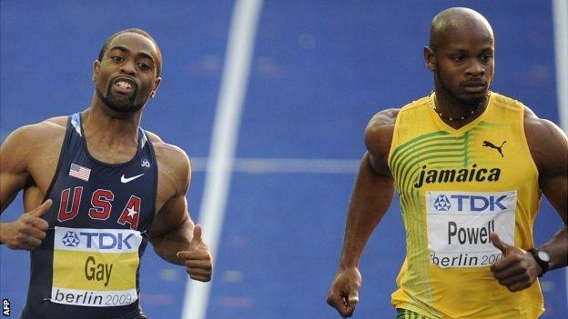 Photo dated August 16, 2009 shows US Tyson Gay (L) and Jamaica"s Asafa Powell (R) in the men"s 100m semi-final race of the 2009 IAAF Athletics World Championships in Berlin