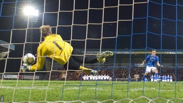 Uladzimir Bushma saves Steven MacLeand's penalty for St Johnstone