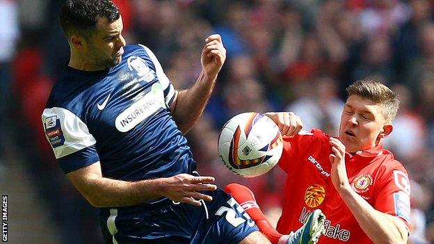 Chris Barker (left) battles with Crewe's Max Clayton