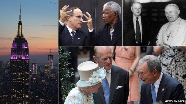 Clockwise from left: Empire State Building, Rudy Giuliani with Nelson Mandela, Ed Koch with Pope John Paul II, Michael Bloomberg with the Queen and Prince Philip