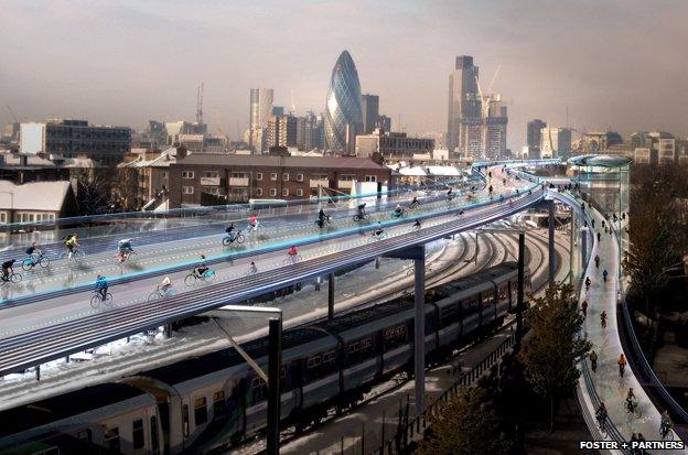 An artistic impression of a cycle path above the London skyline