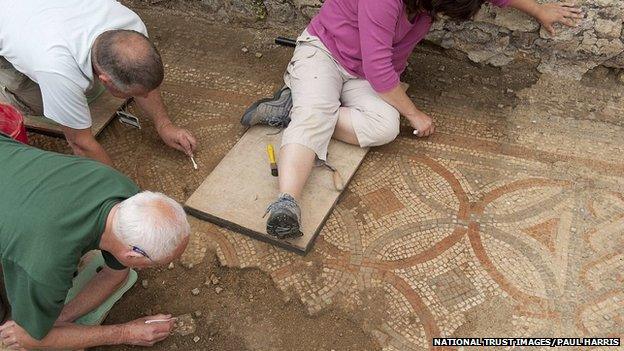 Excavation of a mosaic at Chedworth Roman Villa