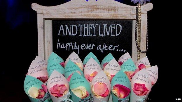 A box containing sheaves of rose petals during the first same sex marriage at the Rotorua Museum in Rotorua on Monday