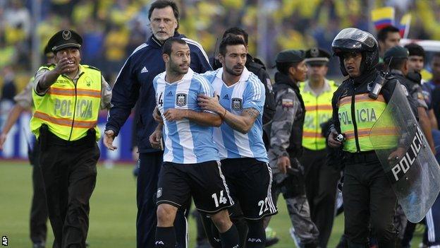 Javier Mascherano is sent off against Ecuador