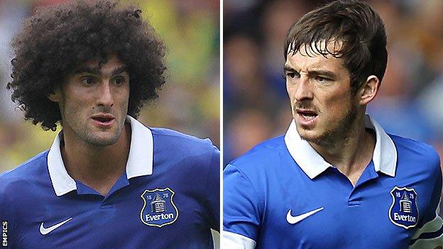 Everton duo Marouane Fellaini (left) and Leighton Baines