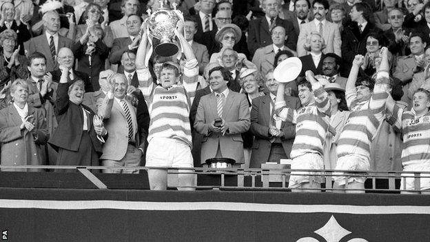 Wigan captain Graeme West lifts the 1985 Challenge Cup