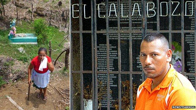 Chunguita Realegeno at her memorial to her family; Ezequiel de Jesus at the village memorial