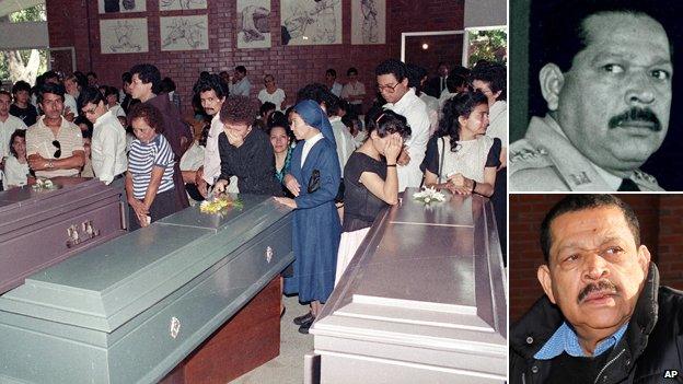 Coffins of the murdered priests; and Gen Montano in 1989 and as he is today