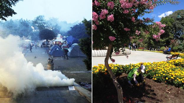 Left image: Gezi park with protestors and police, 15/06/13 and Right image: Gezi park in August 2013