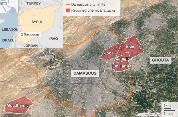 Map showing location of alleged chemical attacks in Damascus