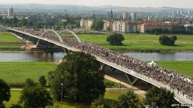 Pedestrians on the Waldschloesschen bridge, Dresden (24 August)