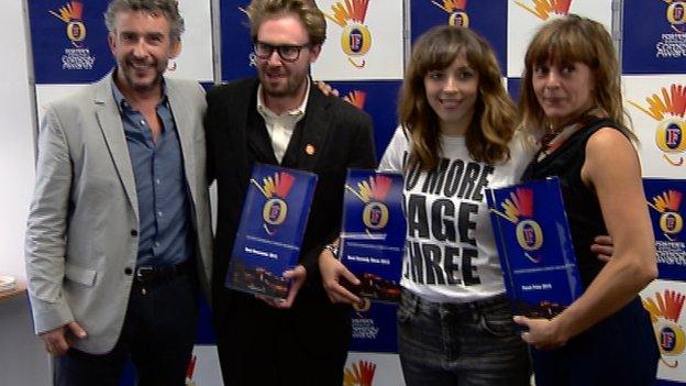 Awards host Steve Coogan with best newcomer John Kearns, best comedy show winner Bridget Christie and panel prize winner Adrienne Truscott