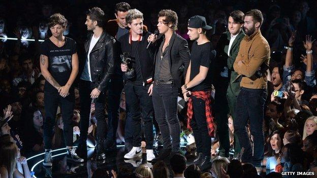 One Direction and Vampire Weekend speak onstage at the 2013 MTV Video Music Awards in New York on 25 August 2013