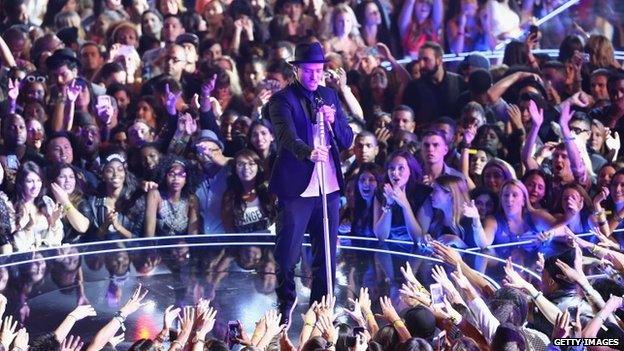 Justin Timberlake onstage at the 2013 MTV Video Music Awards in New York on 25 August 2013