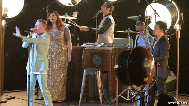 Mary Lambert, Macklemore and Ryan Lewis at the 2013 MTV Video Music Awards in New York on 25 August 2013