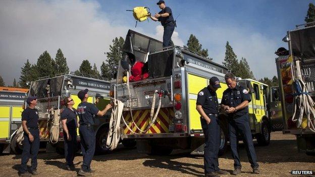 Firefighters get ready for the night near Yosemite National Park, California on 26 August 2013