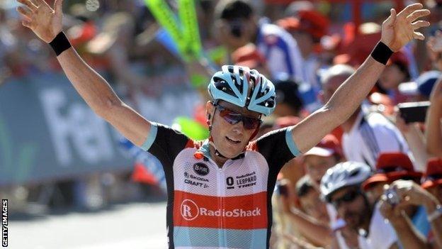 Chris Horner celebrates winning stage three of 2013 Vuelta a Espana