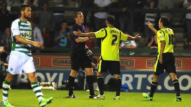 Birmingham players protest Yeovil equaliser