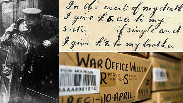 A soldier departs for the frontline from Victoria Station in London (left), one of the digitised wills (top right) and one of the archive boxes (bottom left)