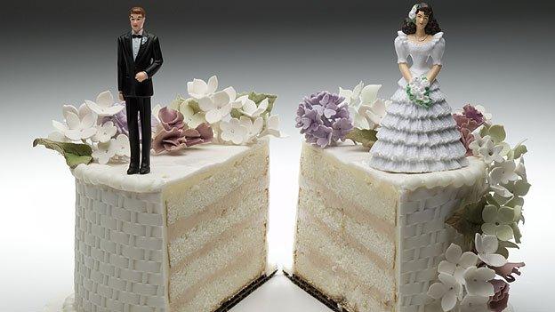 Bride and groom separated on a wedding cake