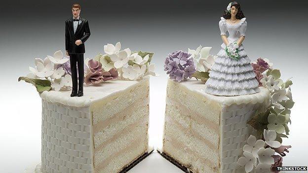 Bride and groom separated on a wedding cake