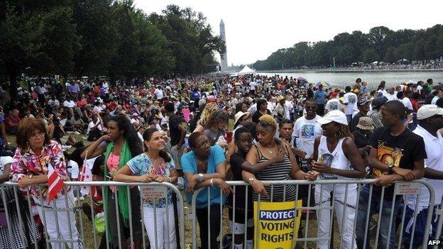 People gather by the Lincoln Memorial in Washington DC on 28 August 2013