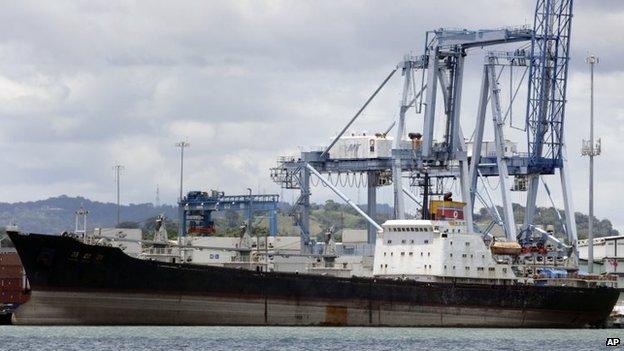 The North Korean-flagged cargo ship Chong Chon Gang sits docked at the Manzanillo International container terminal on the coast of Colon City, Panama, 14 August, 2013.