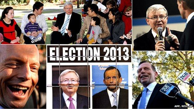 Composite image showing pictures of Kevin Rudd and Tony Abbott