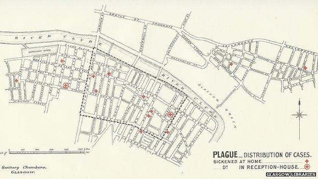 Map showing the distribution of plague cases in Glasgow in 1900