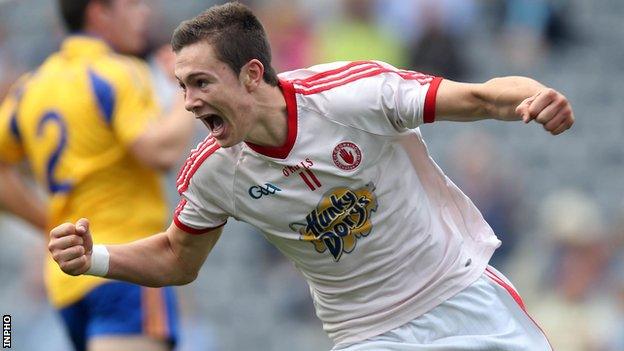 Conor McKenna celebrates his crucial goal in Tyrone's win