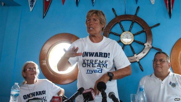 US swimmer Diana Nyad gestures during a press conference held at the Ernest Hemingway Nautical Club in Havana on 30 August 2013