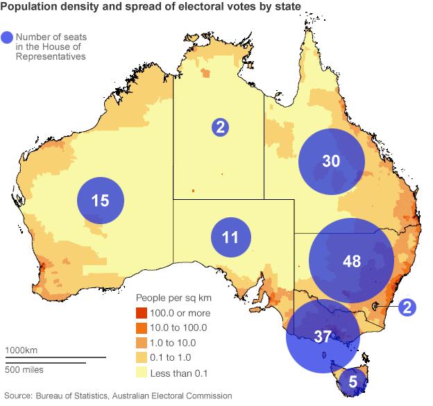 Map showing where people live in Australia and how many seats each state has in the House of representatives