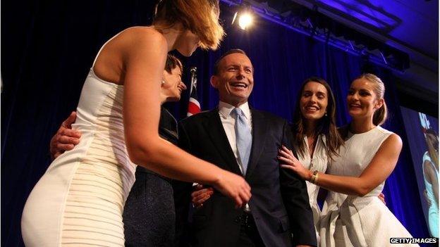 Tony Abbott and his wife Margie Abbott, and daughters Louise, Bridget and Frances celebrate after winning the 2013 Australian Election on 7 September