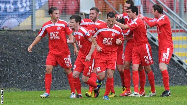 Portadown celebrate after Kevin Braniff scores in the Shamrock Parl rout